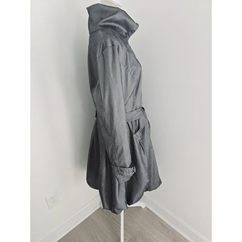 Samuel Dong Gray Metallic Taffeta Collared Bubble Hem Zip Trench Jacket Coat XL - Picture 9 of 14